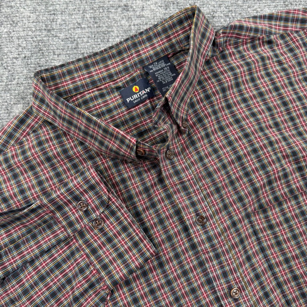 Puritan Button Down Shirt 2X Black Red Plaid Long‎ Sleeve Mens